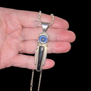 Lapis, Onyx, Art Deco Sterling Silver Pendant Necklace With Heavy Italian Chain